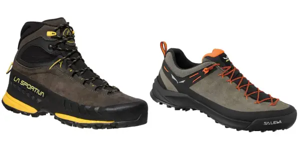 Dwa modele obuwia hikingowego: wysoki but La Sportiva i niski but Salewa, gotowe na górskie wyzwania.