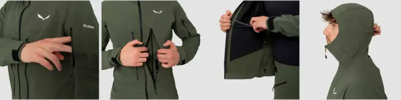 Mężczyzna w zielonej kurtce softshell, która chroni przed deszczem. Detale zamków i logo Salewa.